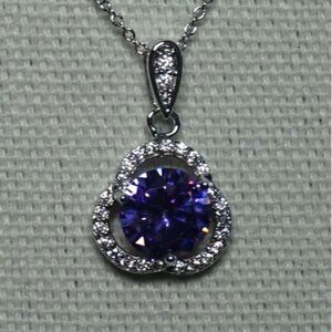 Silver Necklace W/ Purple Cubic Zirconia Pendant & Clear Crystal Accents 18" Cha